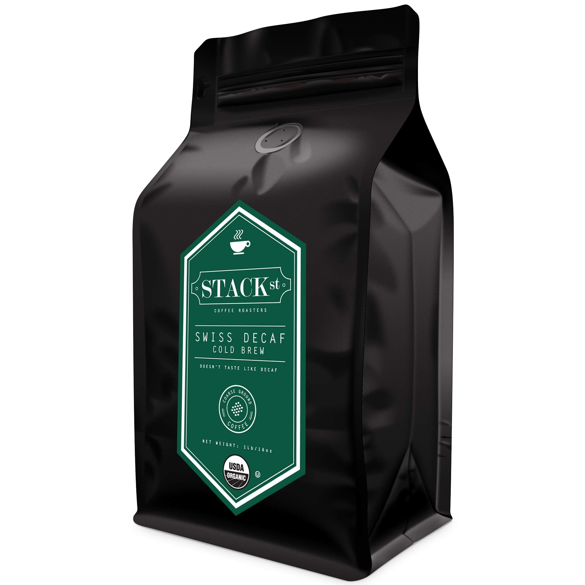 Stack Street poured cold brew in glass over ice showing smooth, low‑acid benefit