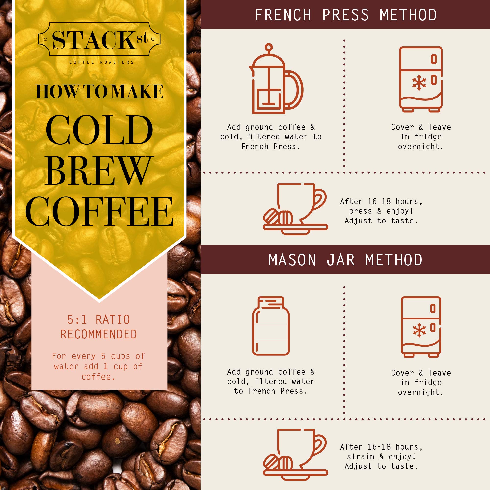 Stack Street pouring dark concentrate from French press for rich iced coffee flavor
