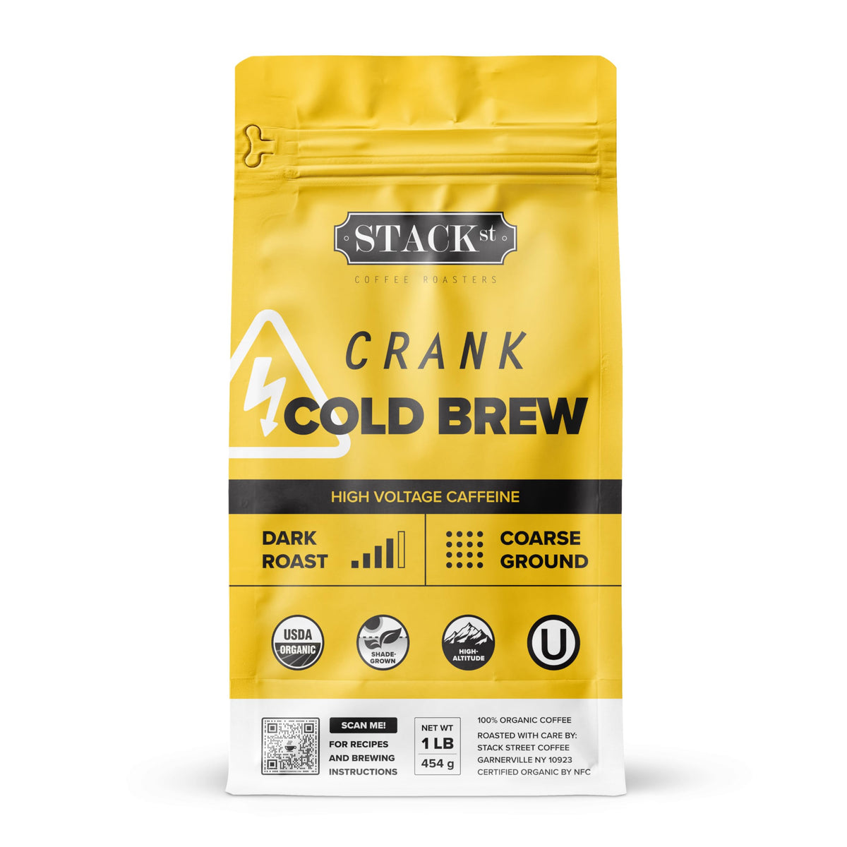 Stack Street front packaging showing 1 lb CRANK bag and bold label preserving freshness