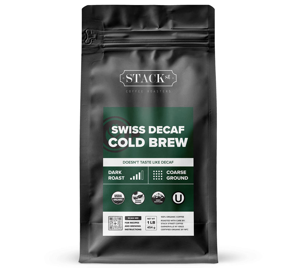 Stack Street front pouch showing organic decaf label and resealable benefit