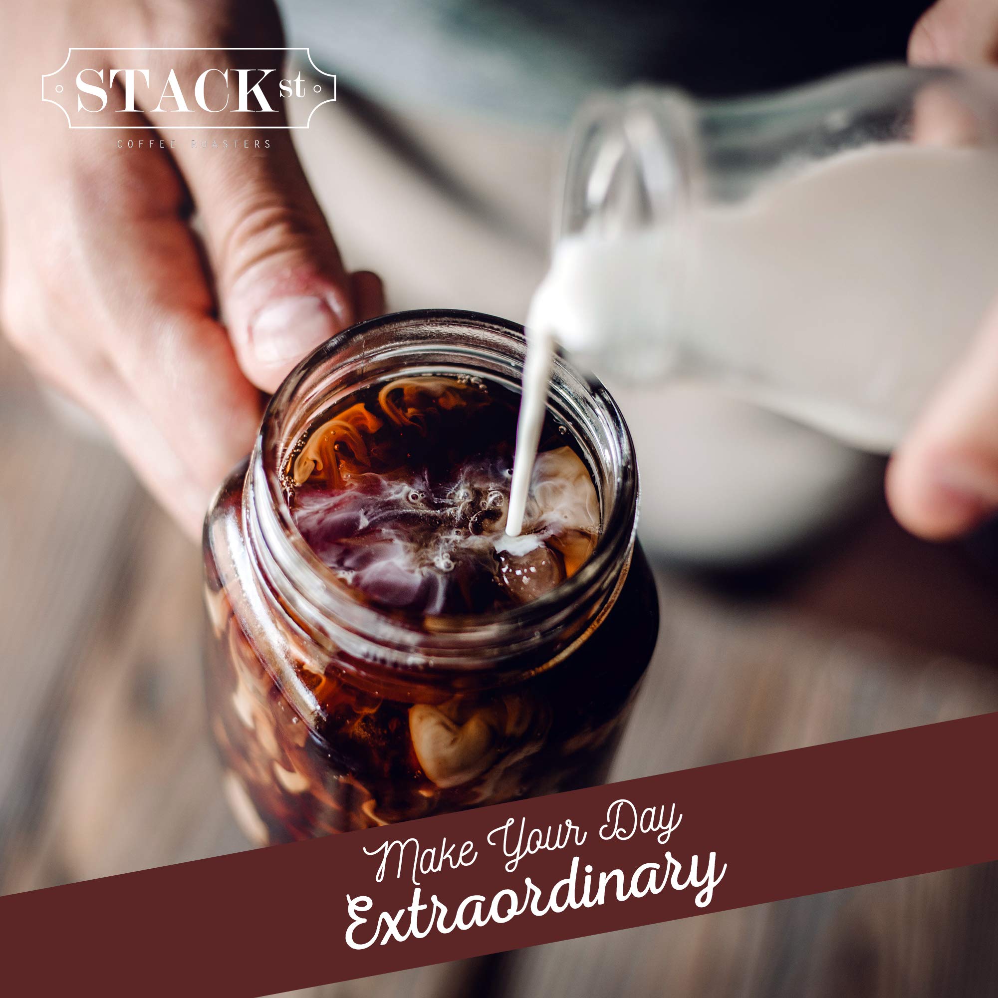 Stack Street iced coffee in glass over ice illustrating bold flavor and ready-to-drink