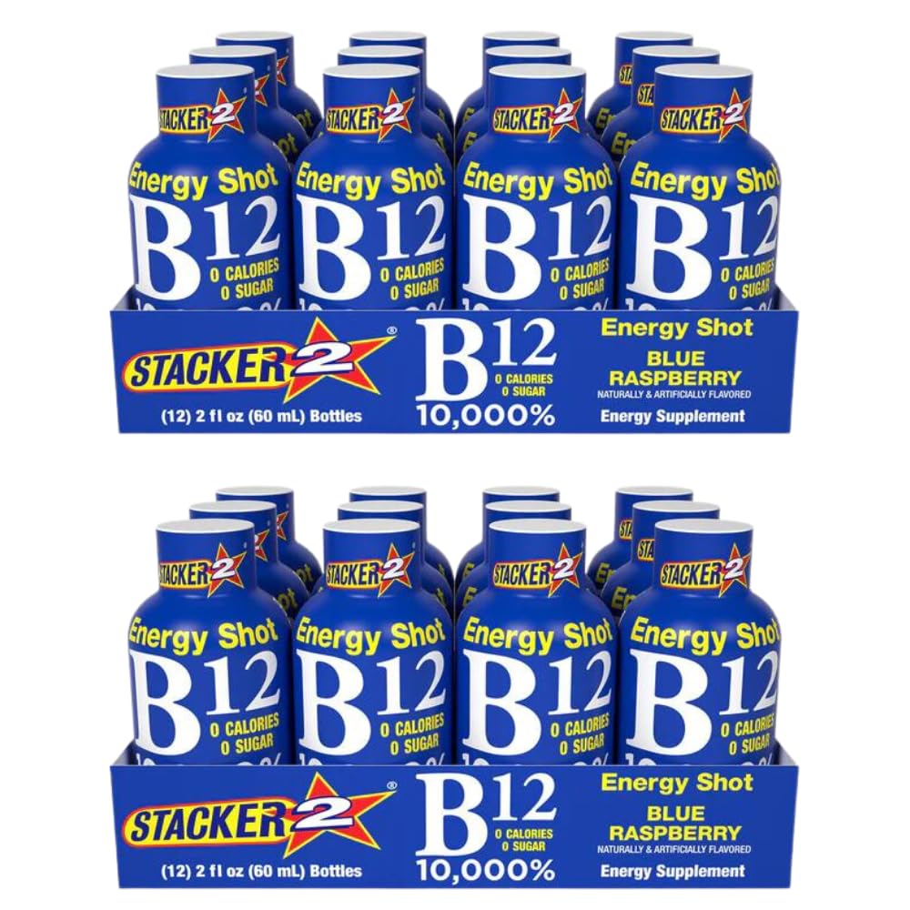 STACKER 2 front packaging of blue raspberry 2oz shots showing label and 24-pack convenience