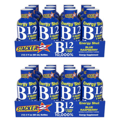 STACKER 2 front packaging of blue raspberry 2oz shots showing label and 24-pack convenience