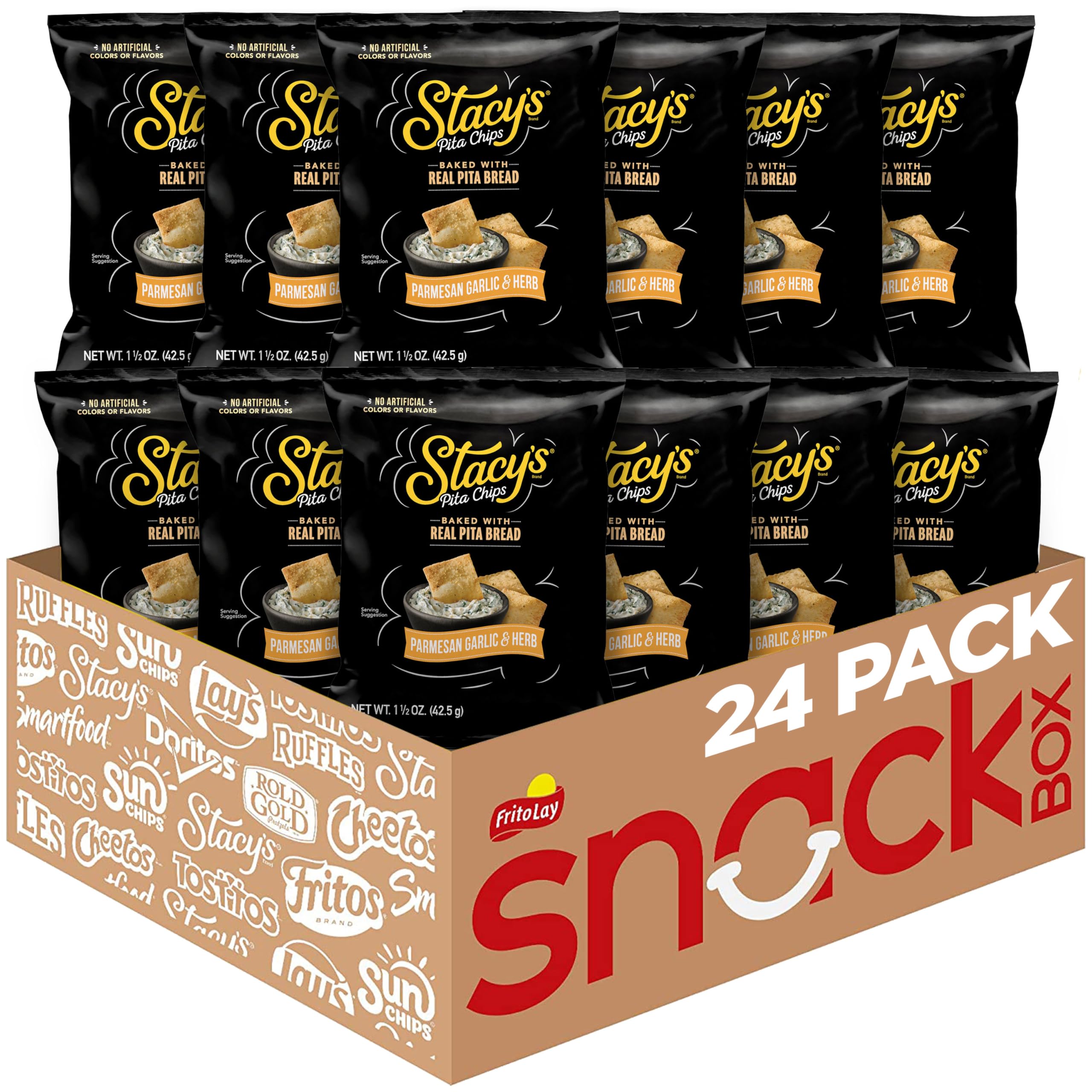 Stacy's front packaging showing 24 single-serve bags and clear branding benefits convenience