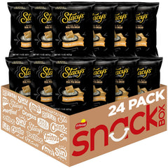 Stacy's front packaging showing 24 single-serve bags and clear branding benefits convenience