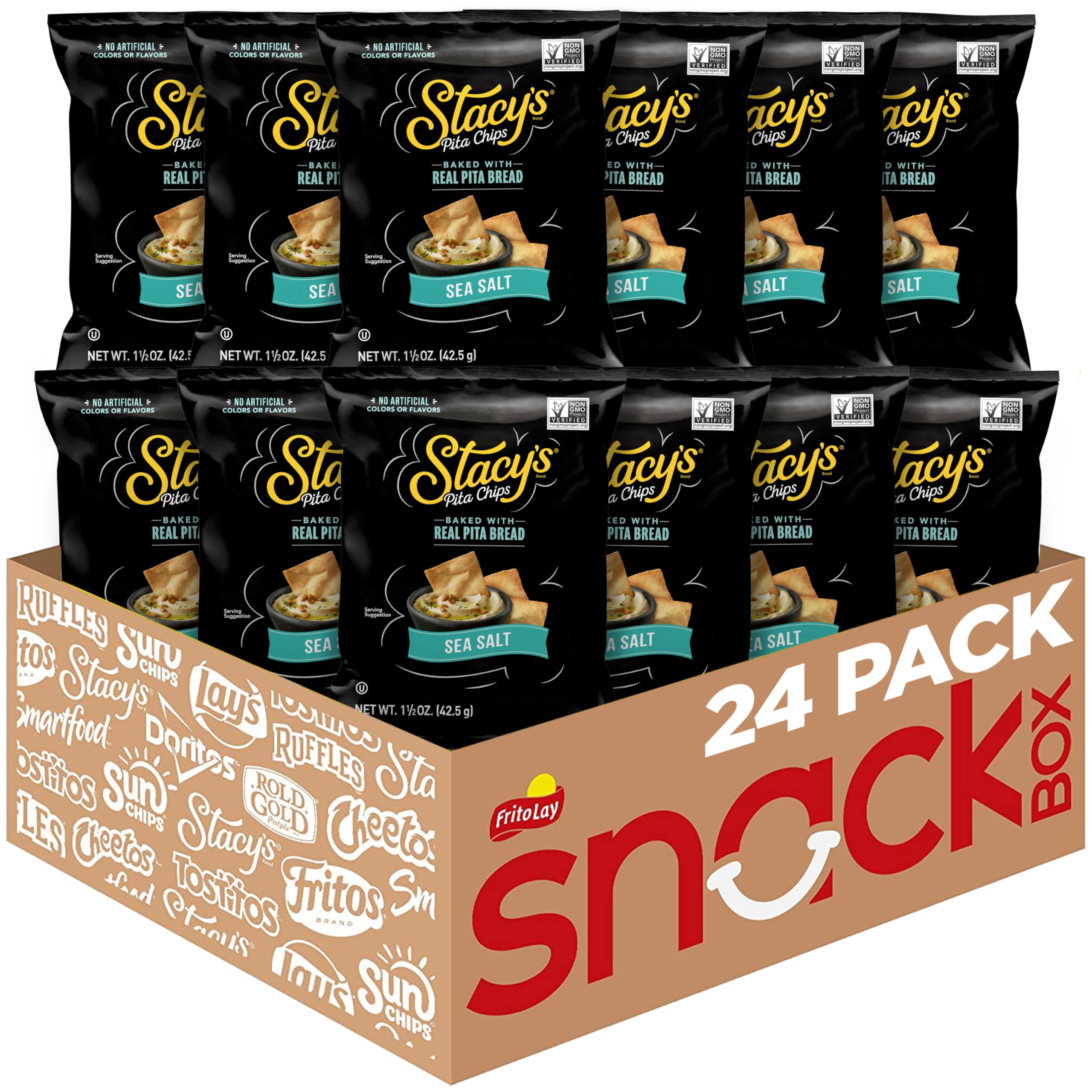 Stacy's front packaging of sea salt pita chips showing product branding and size benefit