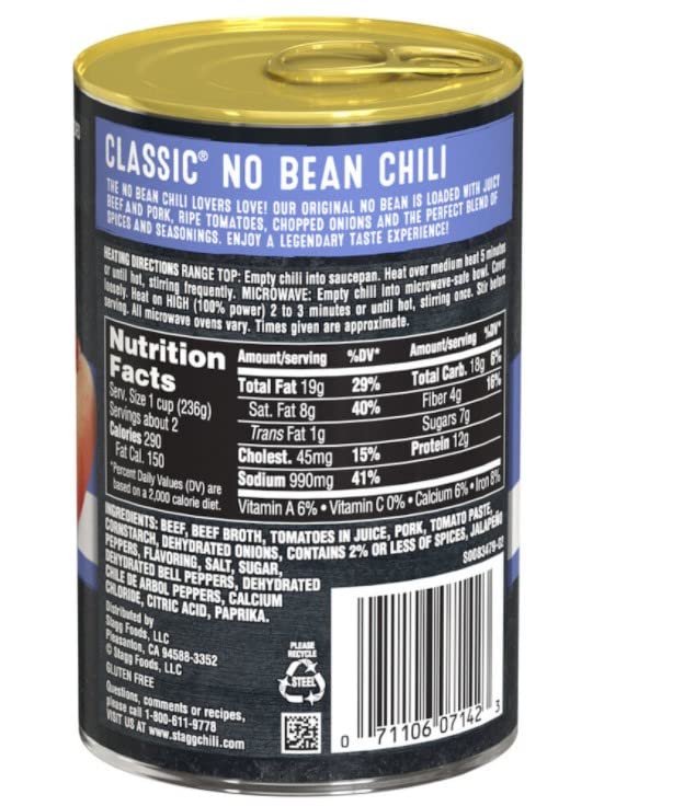 STAGG open can showing chili contents ready to heat and serve