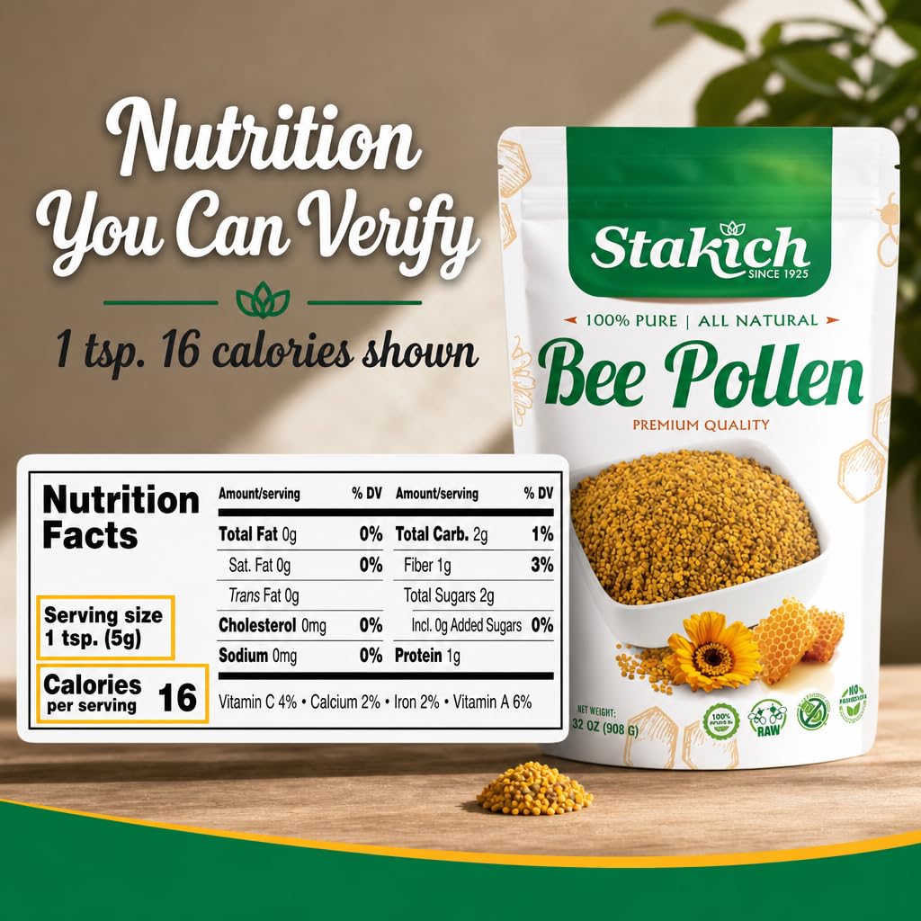 Close-up of Stakich bee pollen granule texture highlighting natural color and crunch