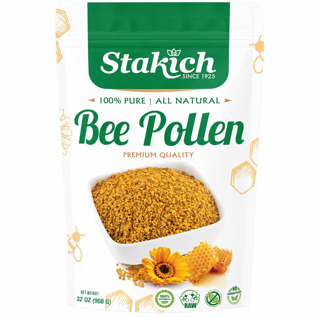 Stakich front packaging showing 2 pound bee pollen bag and branding benefits