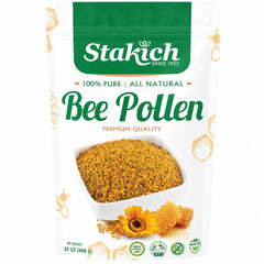 Stakich front packaging showing 2 pound bee pollen bag and branding benefits