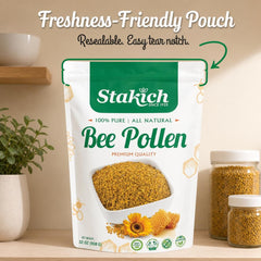 Open jar of Stakich bee pollen granules top view illustrating fresh unprocessed contents