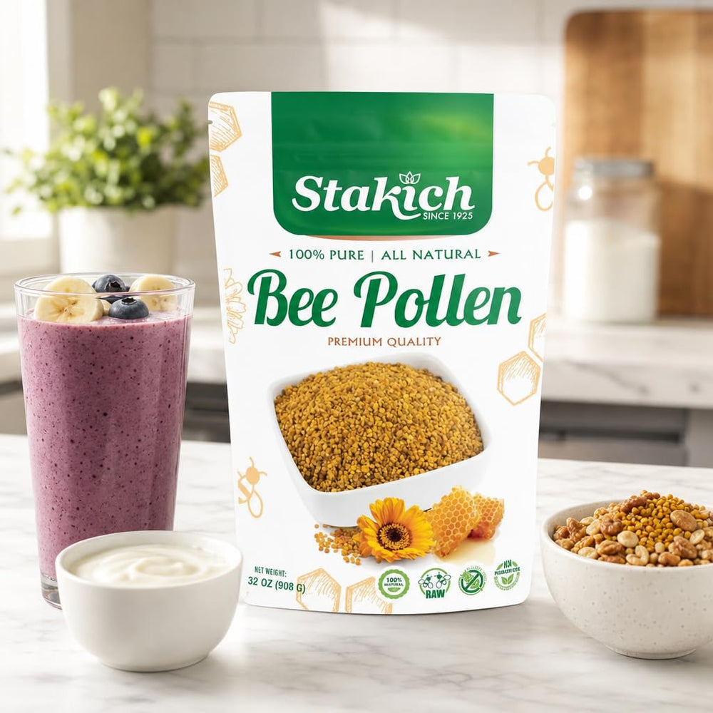 Smoothie bowl topped with Stakich bee pollen adding texture and nutrient boost