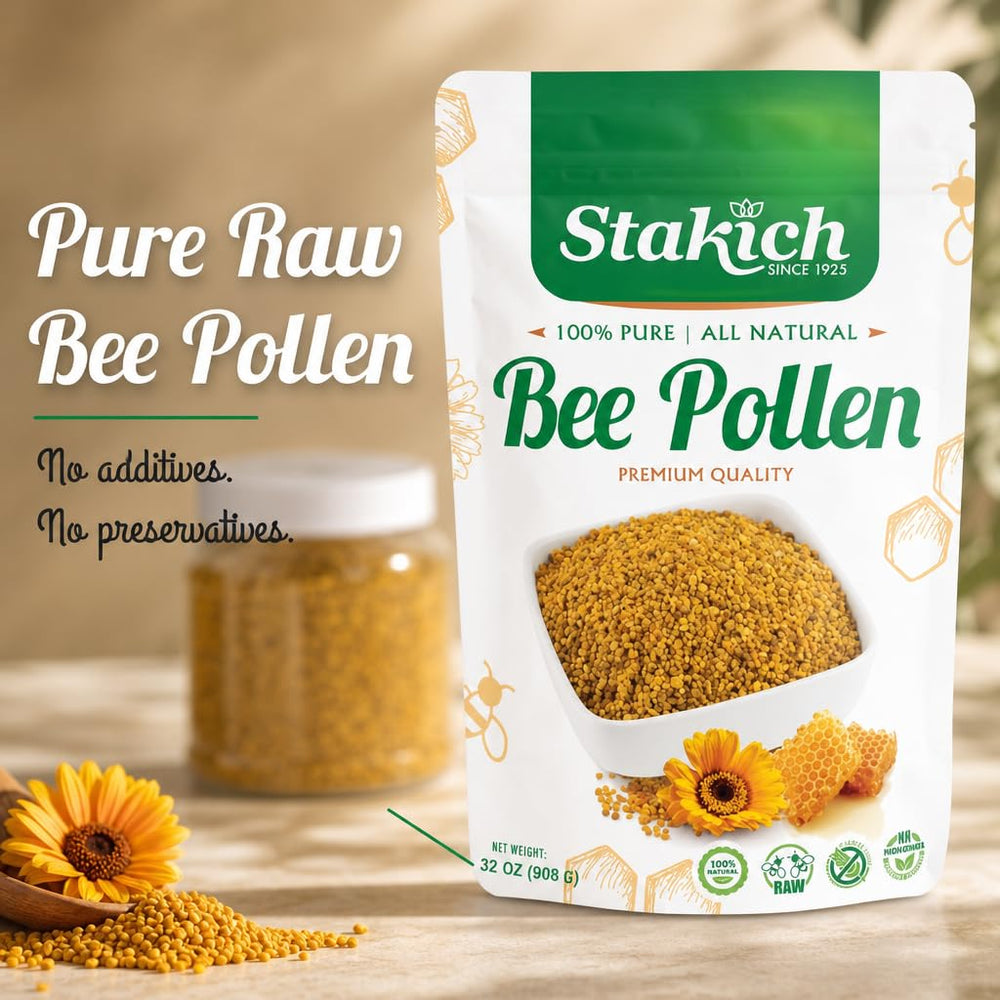 Spoon scooping Stakich bee pollen granules to show serving size and scale