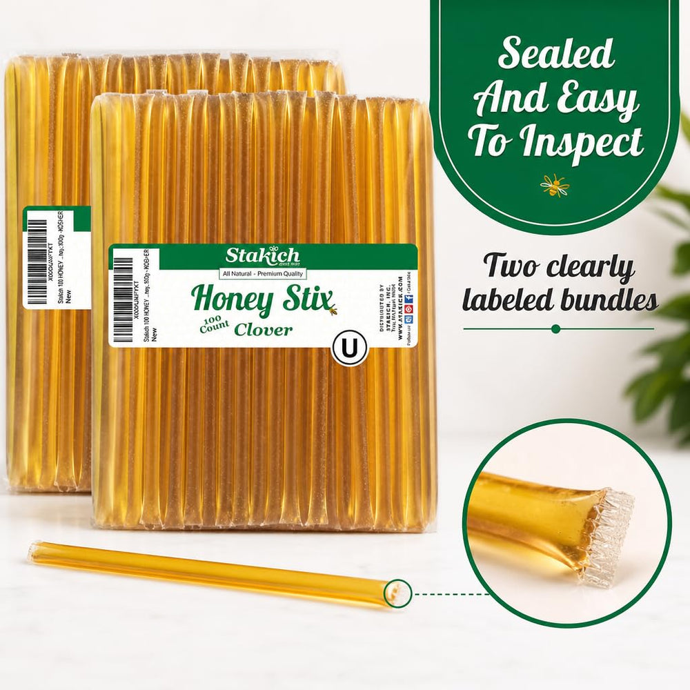 Stakich bulk box opened to reveal 200 individual sealed honey sticks