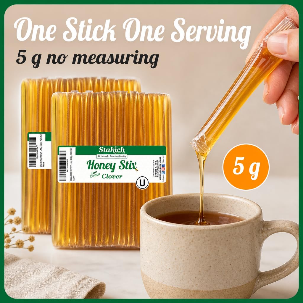 Stakich close up of honey stick texture showing pure clover honey clarity