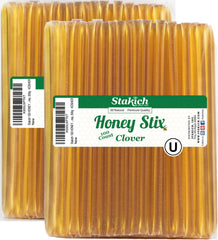 Stakich front packaging showing 200 clover honey sticks and convenience