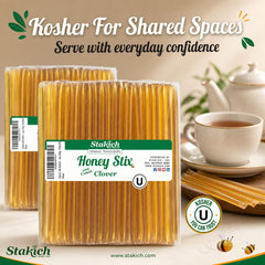 Stakich honey stick opened over tea demonstrating mess-free sweetening
