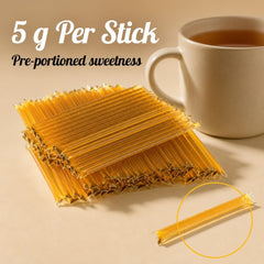Stakich honey sticks spread on table for scale, shows travel-ready size