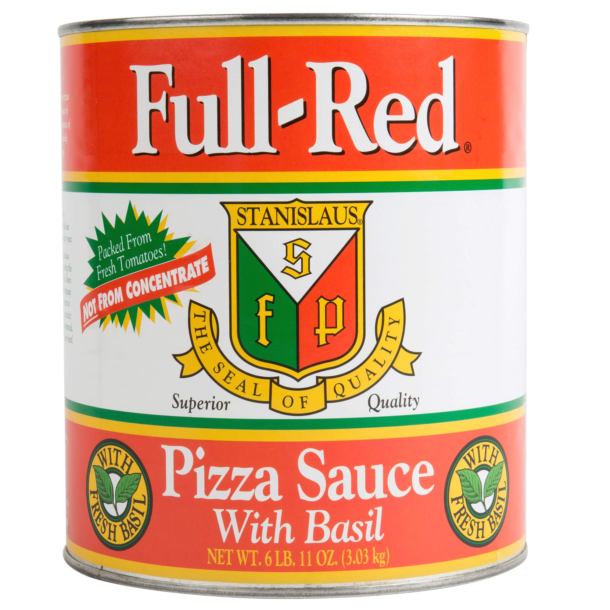 Stanislaus Full Red Pizza Sauce can front label showing brand and product benefits for kitchen efficiency