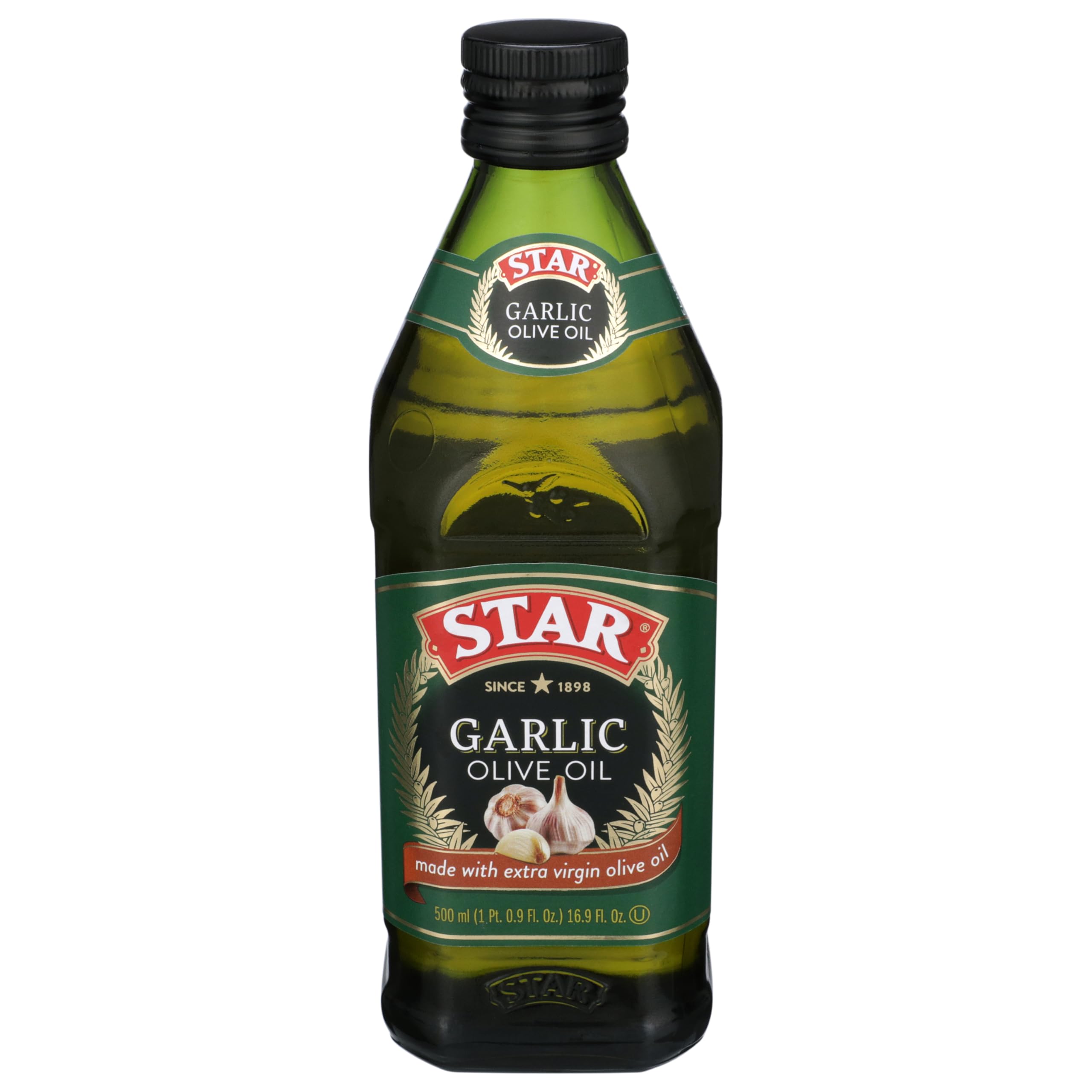 STAR bottle front label showing garlic extra virgin olive oil, clear branding and flavor