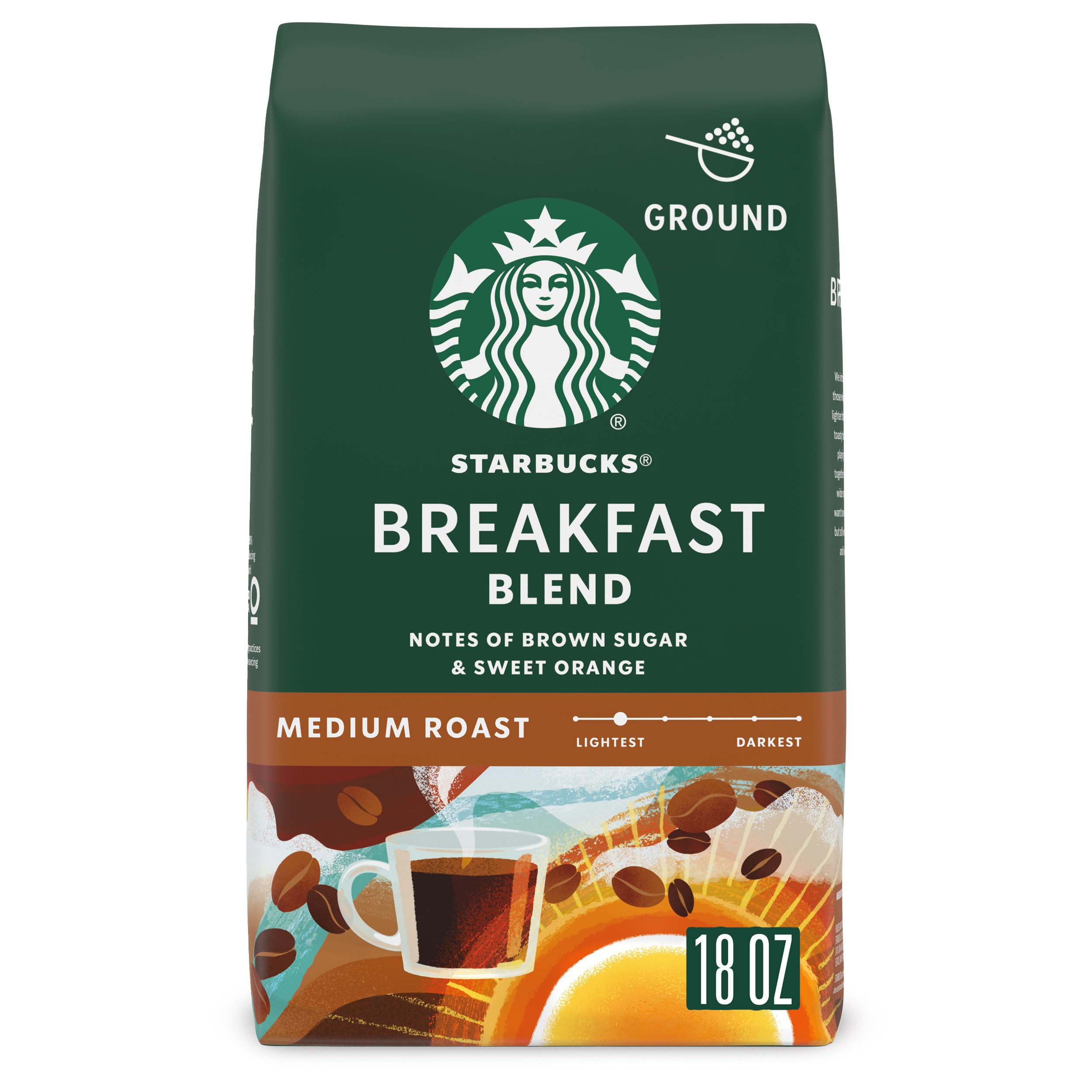 Starbucks Breakfast Blend front packaging showing 18 oz bag and branding benefit