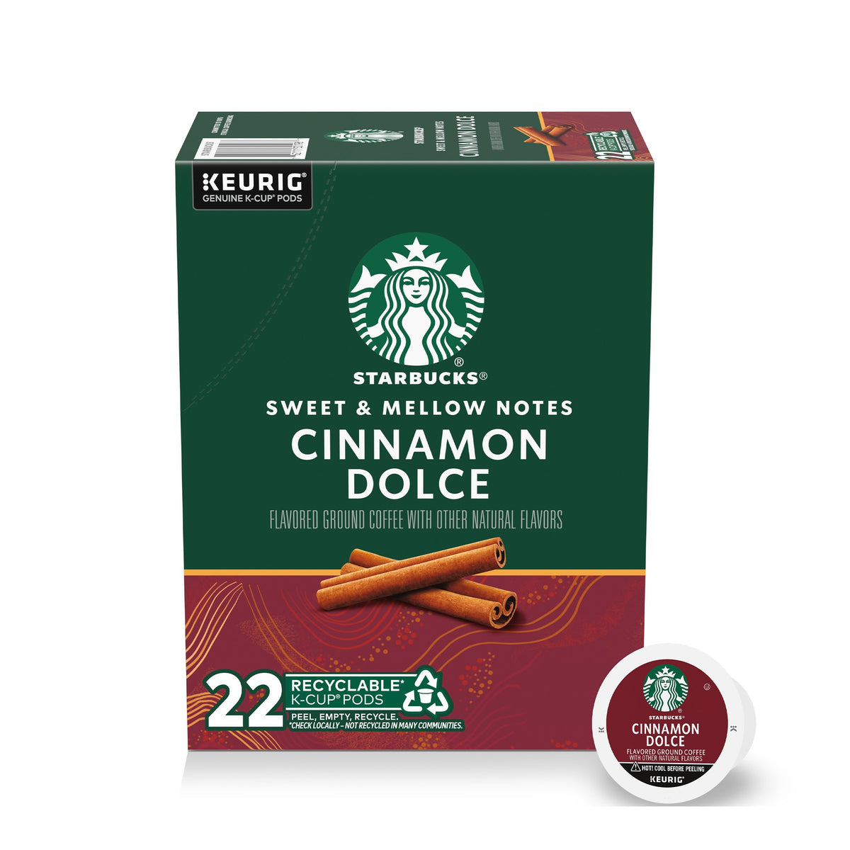 Starbucks front box of Cinnamon Dolce K-Cup pods showing packaging benefits