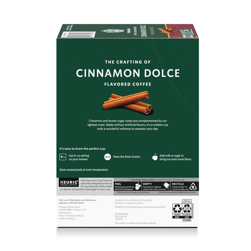 Close label detail on Starbucks Cinnamon Dolce box showing flavor notes and authenticity benefit
