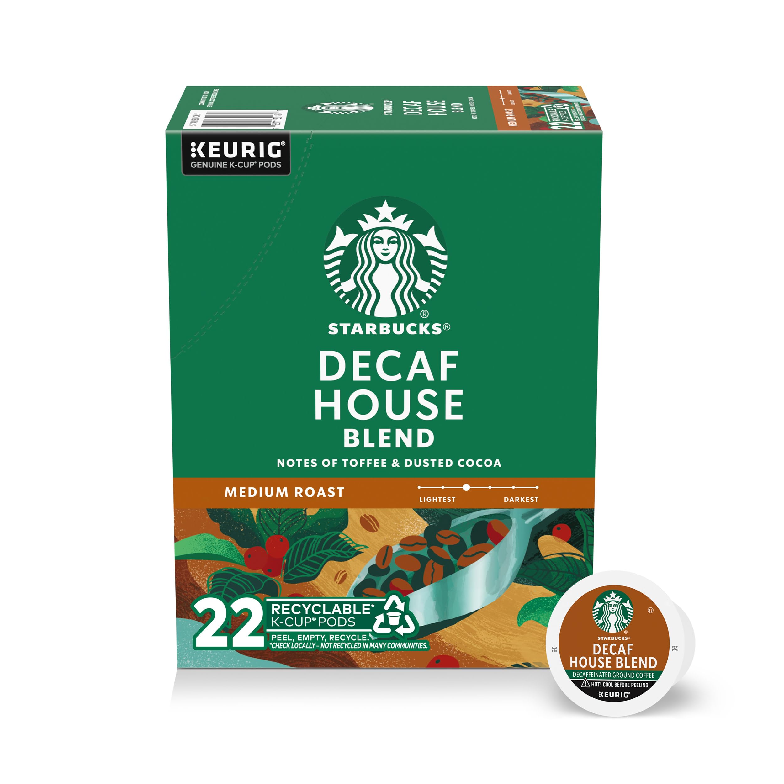 Starbucks decaf House Blend box front showing brand and count, clear shelf appeal