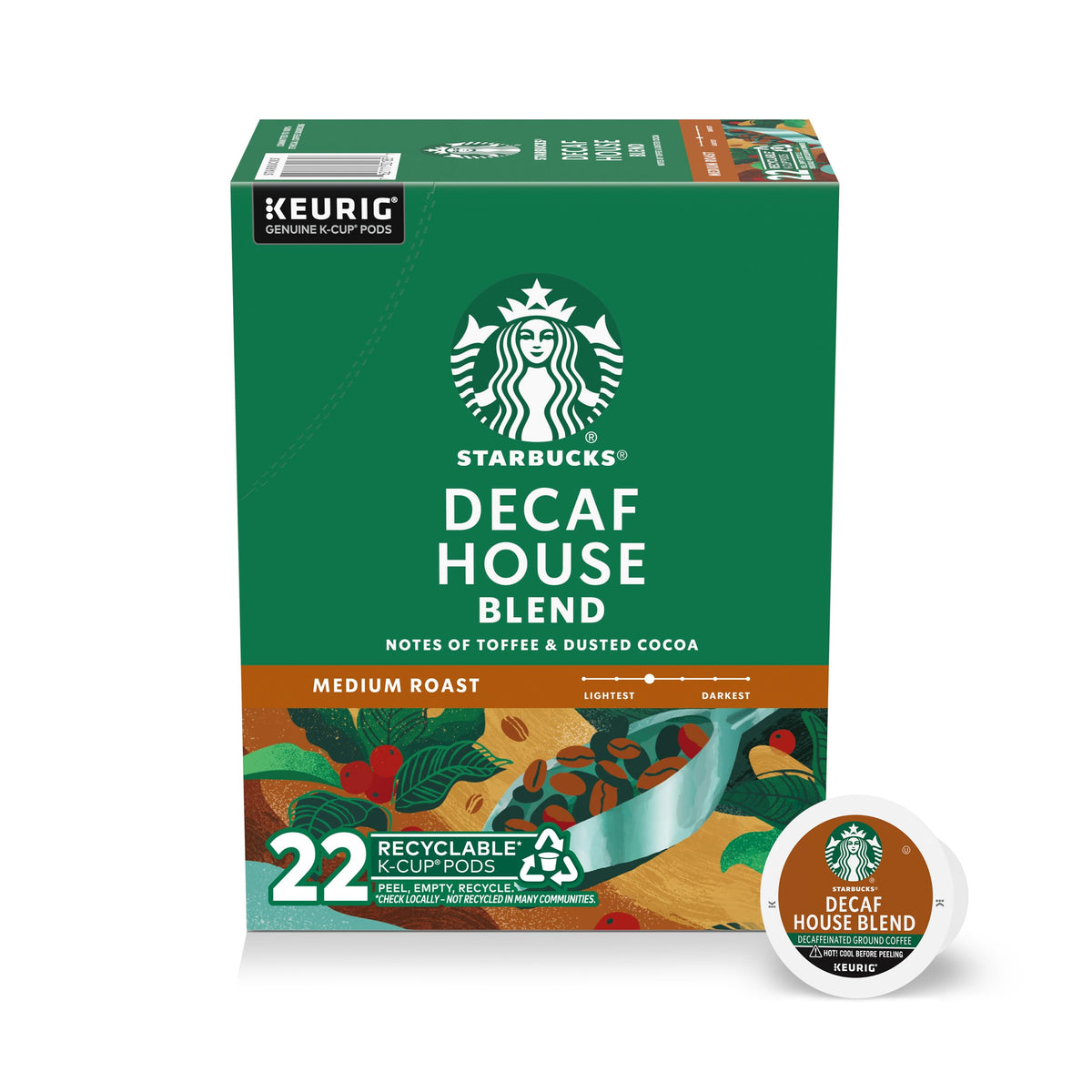 Starbucks decaf House Blend box front showing brand and count, clear shelf appeal