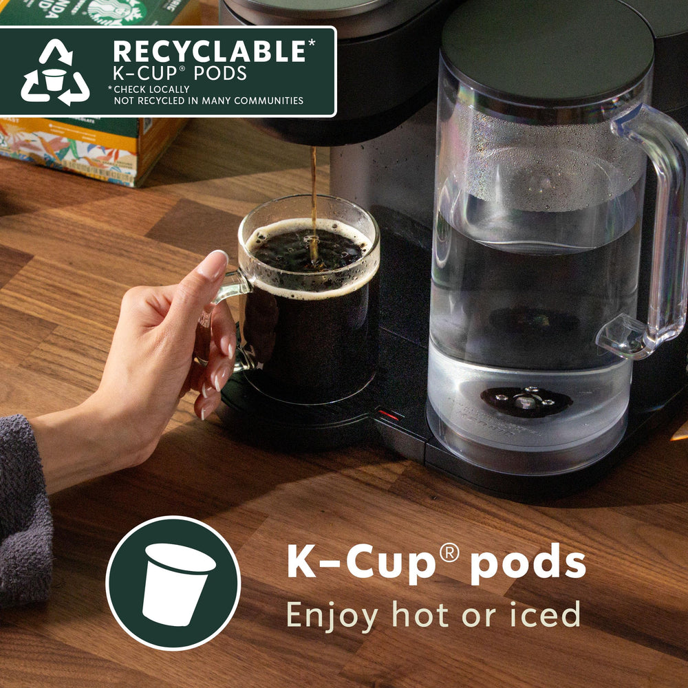 Starbucks decaf K-Cup pod close-up showing pod texture and easy brewing