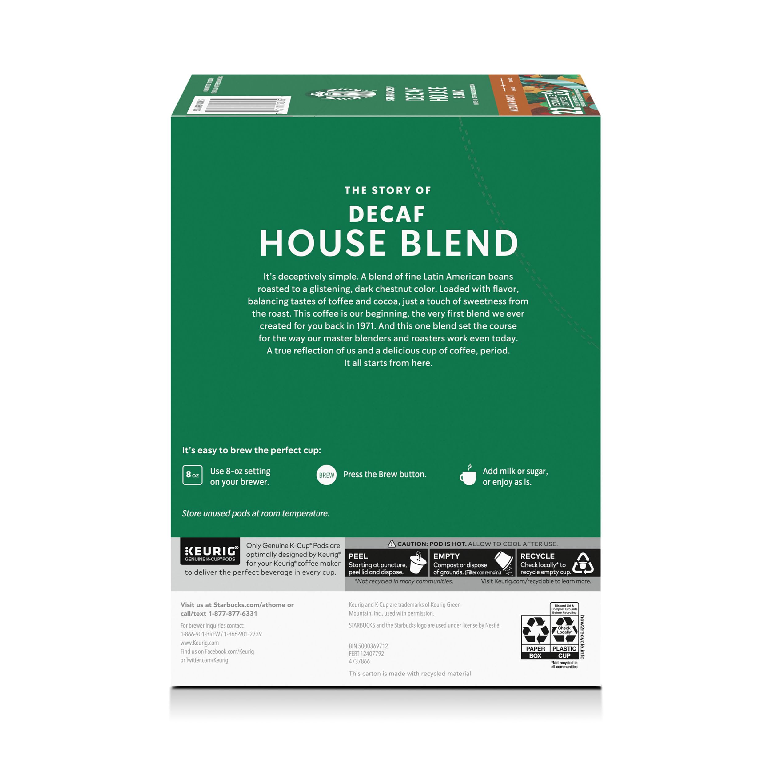 Back of Starbucks decaf package with ingredient and processing information
