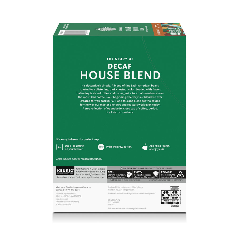 Back of Starbucks decaf package with ingredient and processing information