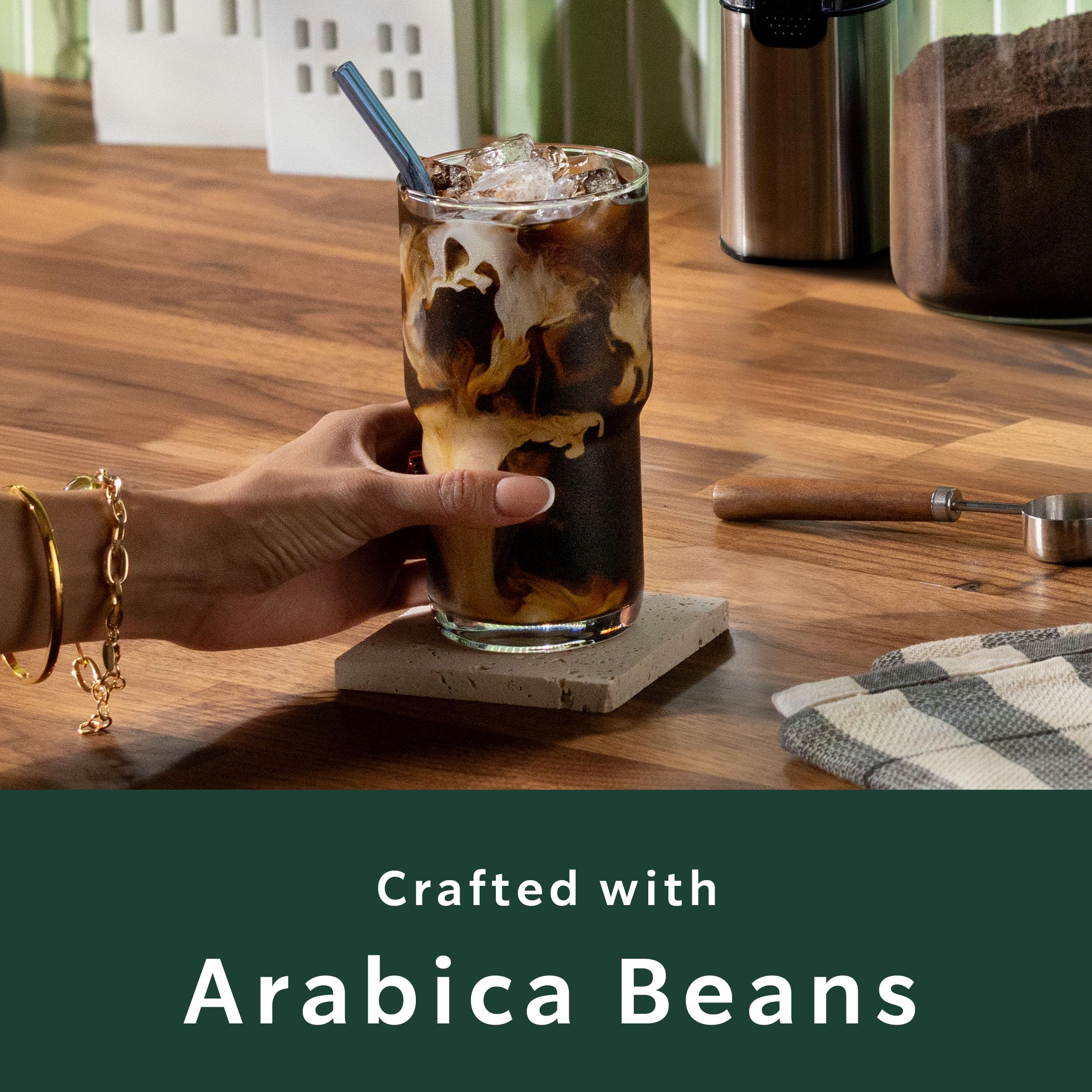 Spread of Starbucks decaf pods on table illustrating convenience and variety