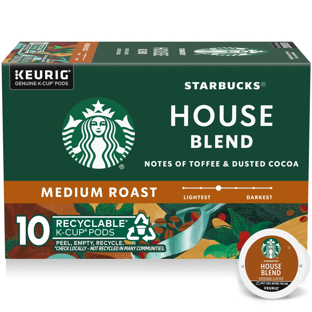 Starbucks House Blend box front showing 10 K-Cup pods and branding benefit convenience