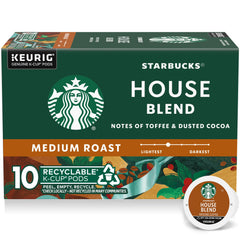 Starbucks House Blend box front showing 10 K-Cup pods and branding benefit convenience