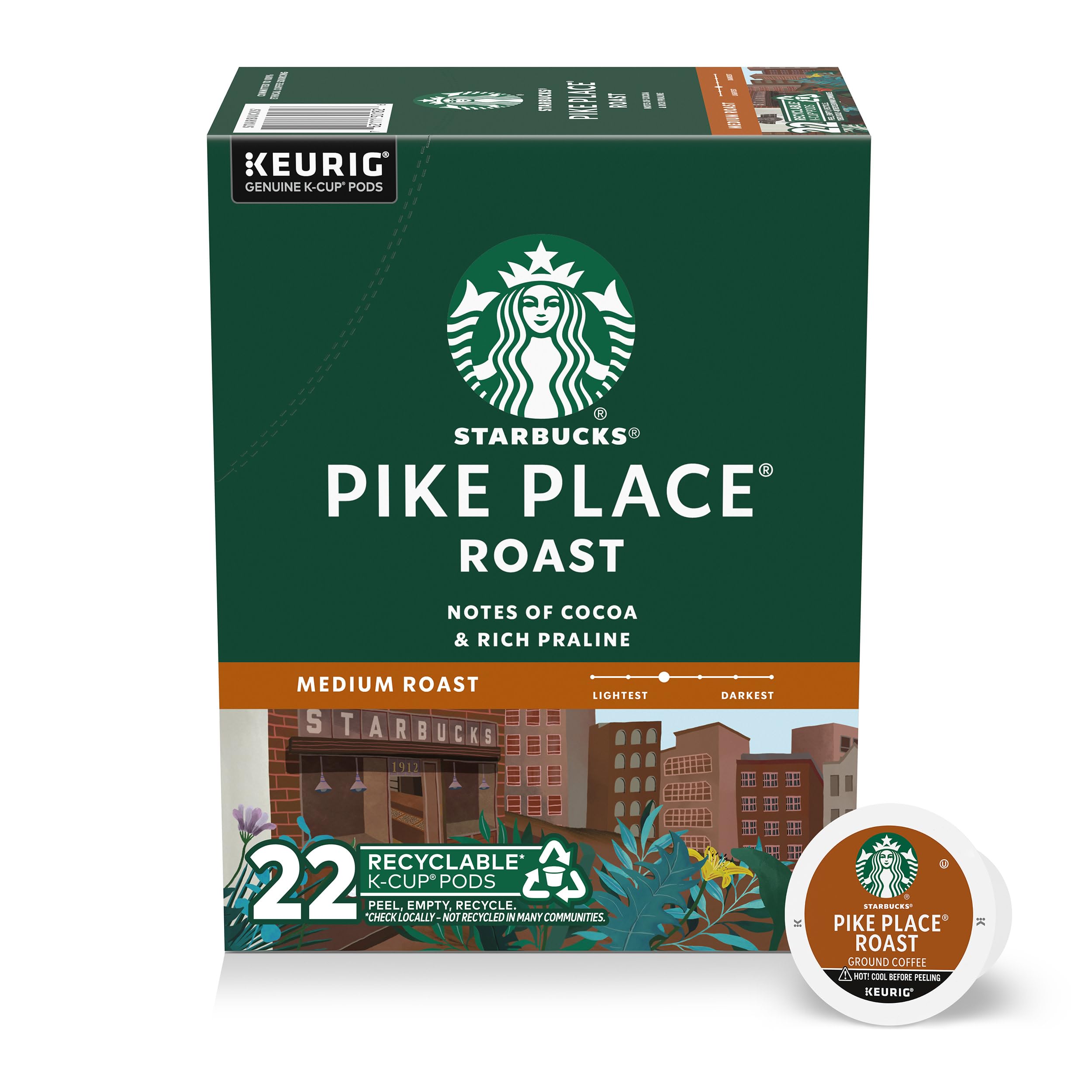 Starbucks Pike Place K-Cup box front showing branding and pod count for easy selection