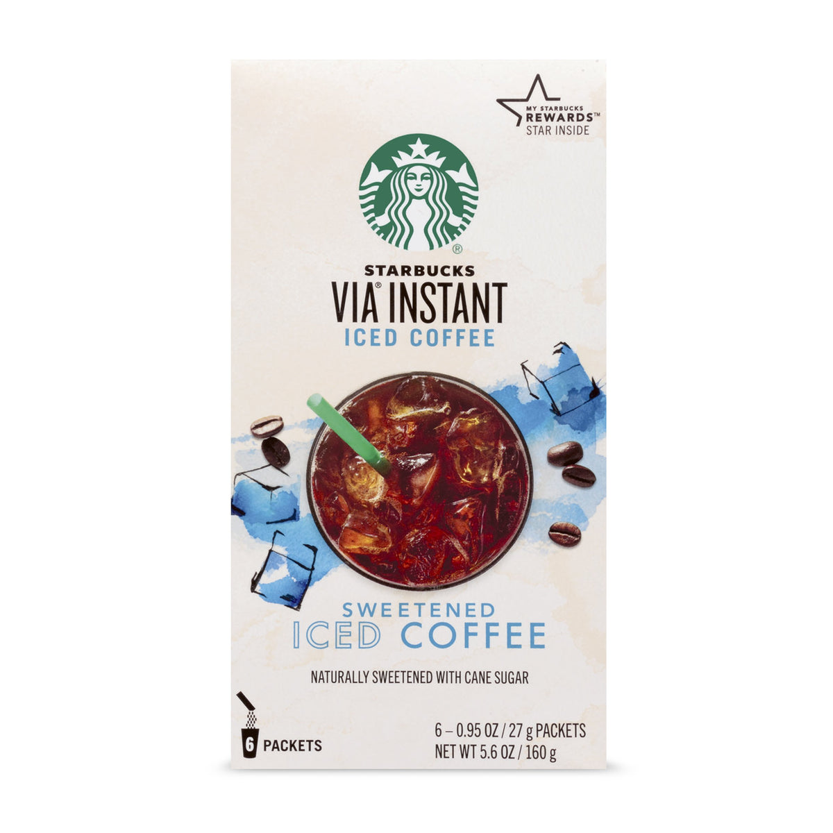 Starbucks front box showing six VIA packets and clear benefits