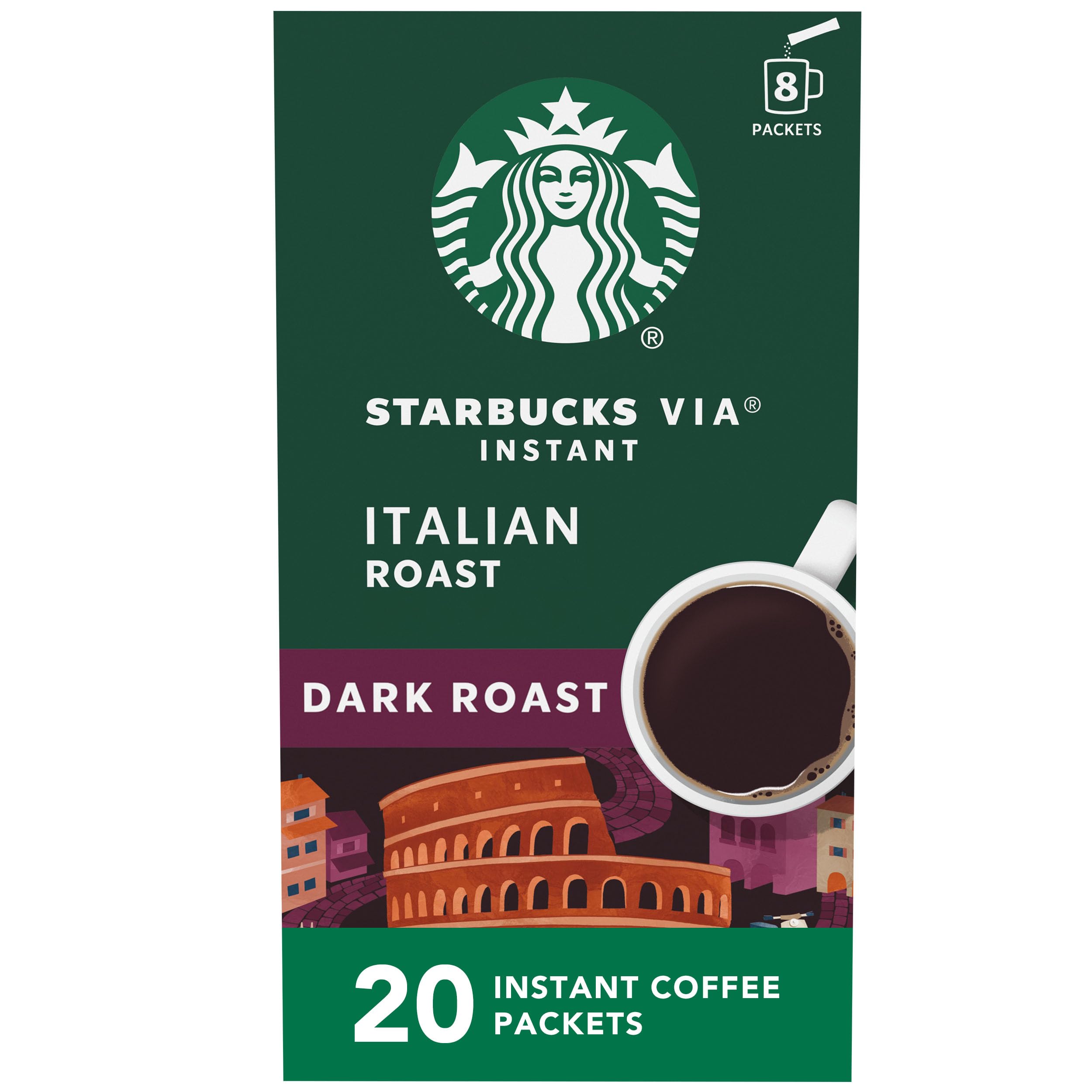 Starbucks VIA front packaging showing box benefits and packet count