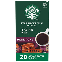 Starbucks VIA front packaging showing box benefits and packet count