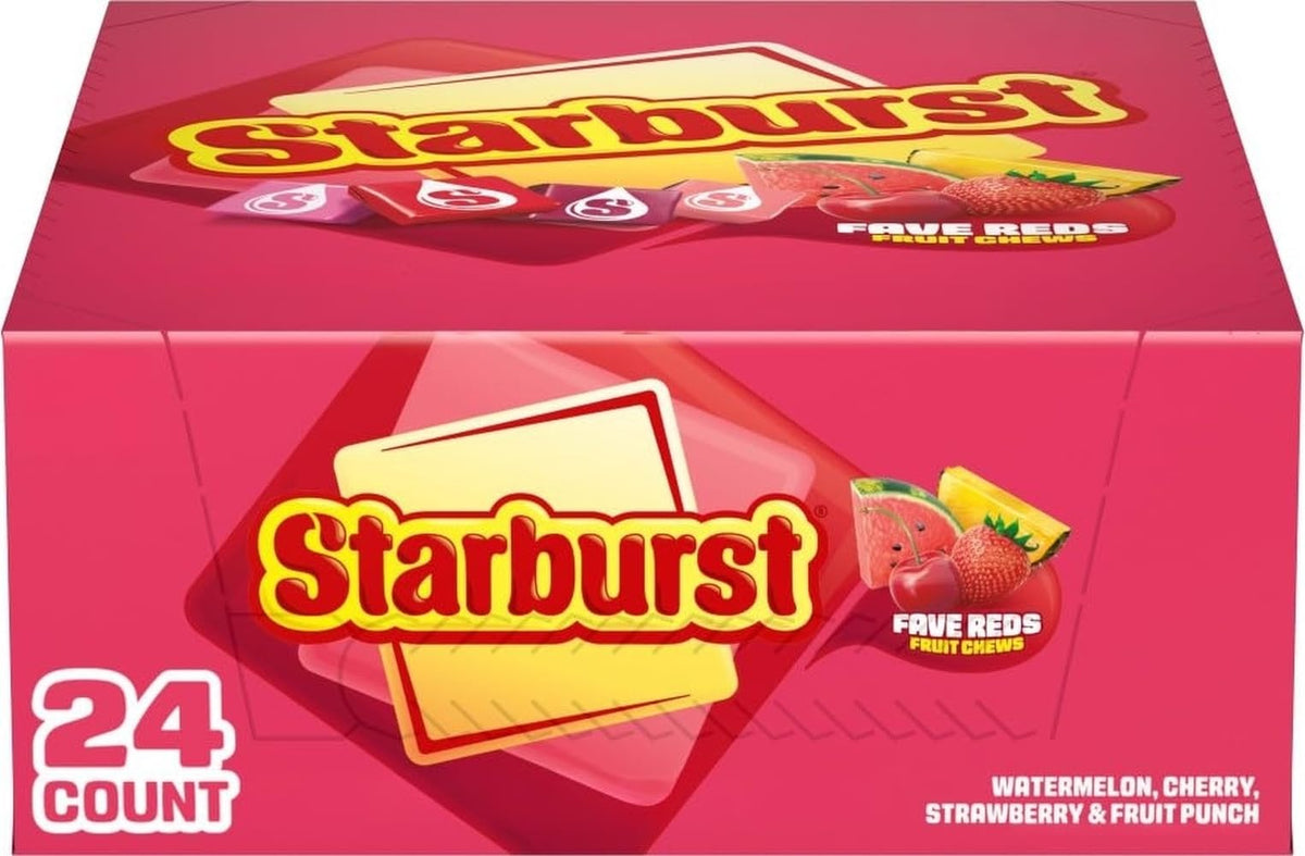 Starburst FaveREDS front packaging showing bold red packs and brand promise