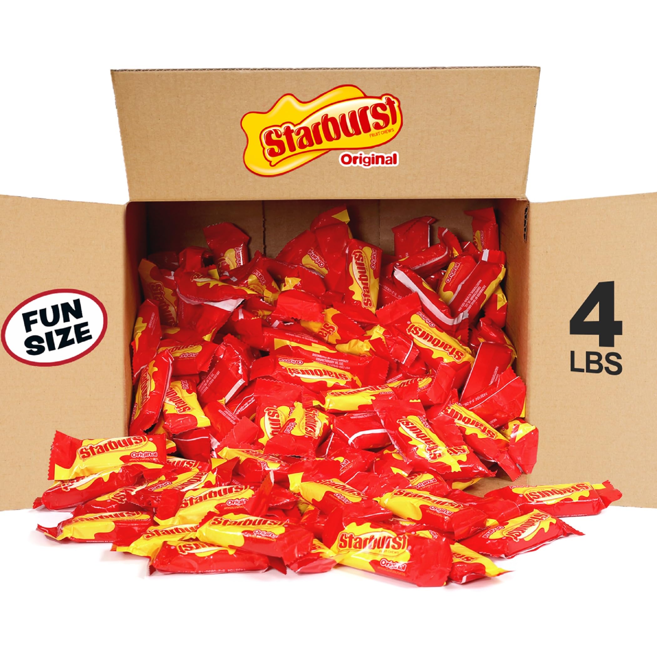 Starburst front of box showing 4-pound bulk packaging and easy storage benefit