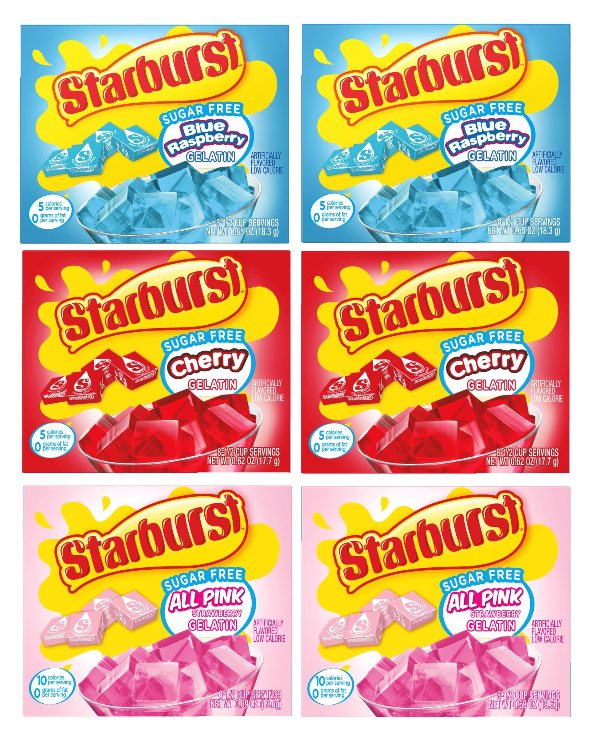 Starburst front packaging displaying six sugar free gelatin boxes and vibrant branding