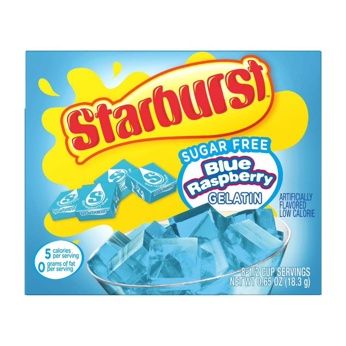 Starburst gelatin next to measuring cup to show serving size and portion convenience