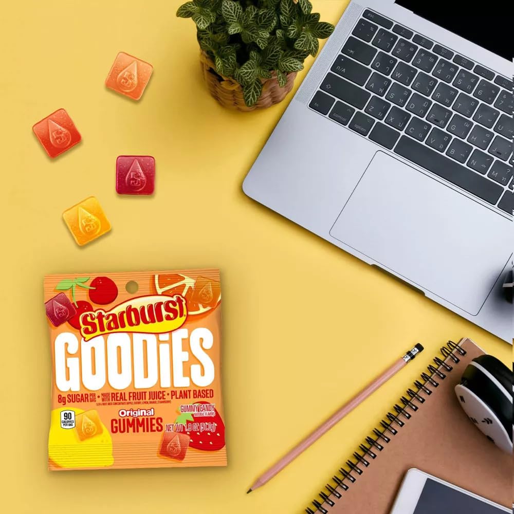 Starburst Goodies label and ingredients panel showing plant-based and low-sugar benefits