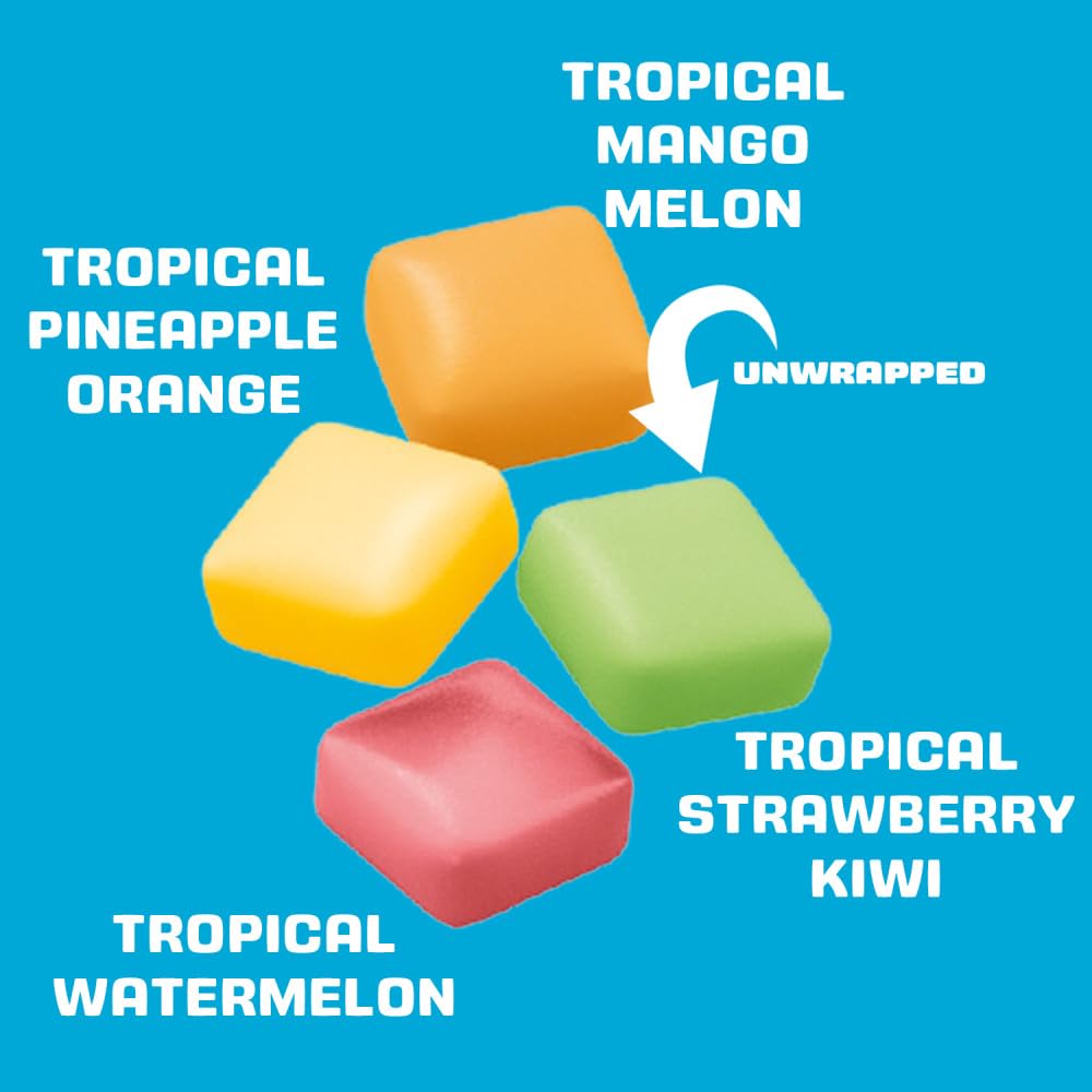 Starburst brand close-up of chewy texture highlighting soft, easy-to-bite fruit chews