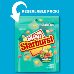 Starburst brand assortment laid flat showing mango melon, pineapple orange, watermelon, strawberry kiwi