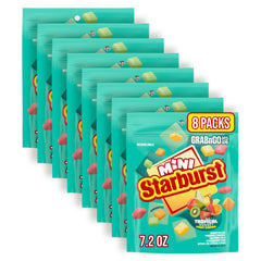Starburst brand front packaging showing 7.2oz tropical minis for easy grab-and-go