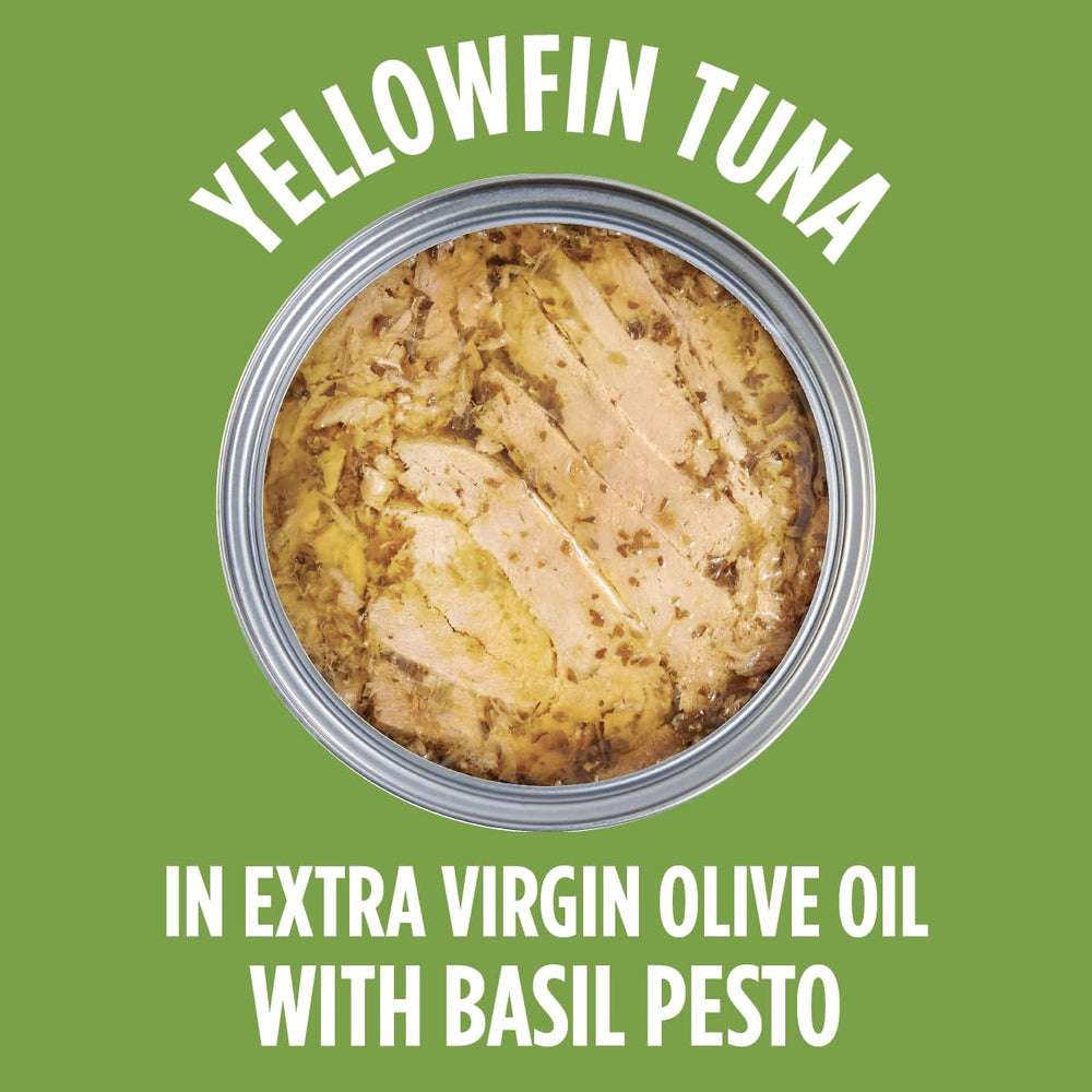 StarKist close-up of basil pesto and extra virgin olive oil highlighting fresh herb flavor