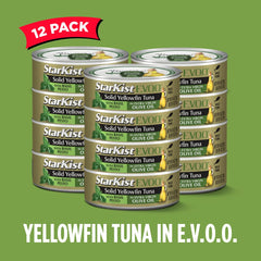 StarKist open can revealing solid Yellowfin flakes in oil, ready-to-eat convenience