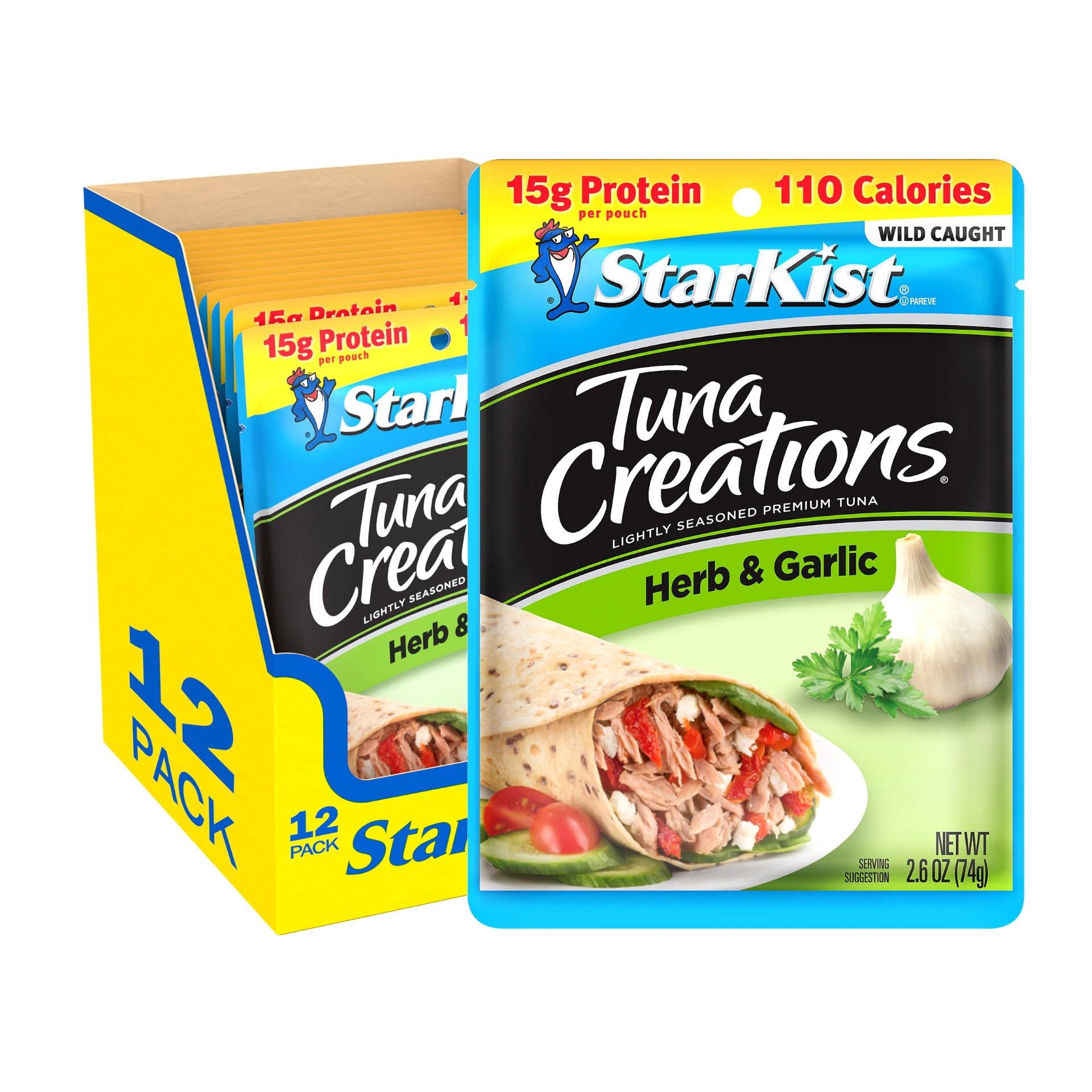 StarKist front packaging showing herb and garlic pouch, convenient snack